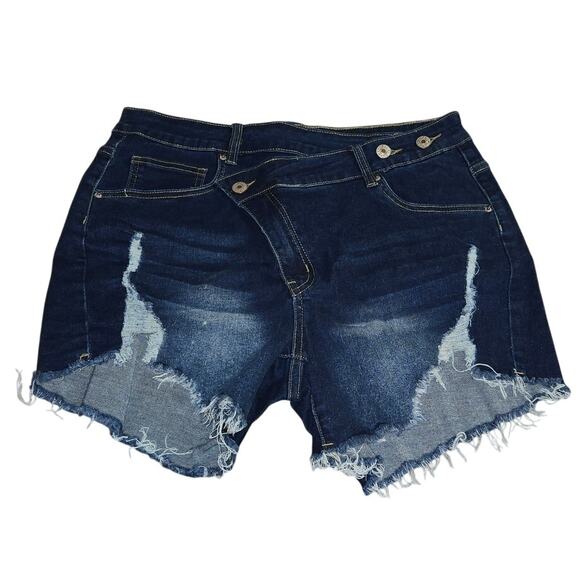 Distressed Denim Shorts Raw‎ Hem Cut Off Jean Shorts Dark Wash - Picture 1 of 5